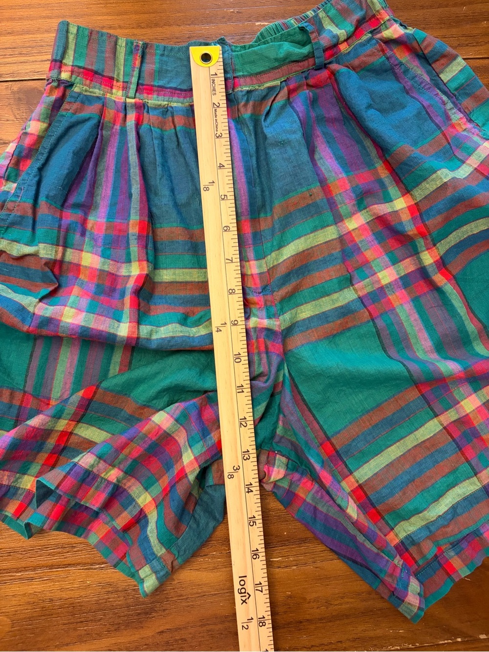 Vintage 80s Tutti Frutti Madras Plaid High Waist Pleated Bermuda Shorts M - Picture 6 of 9
